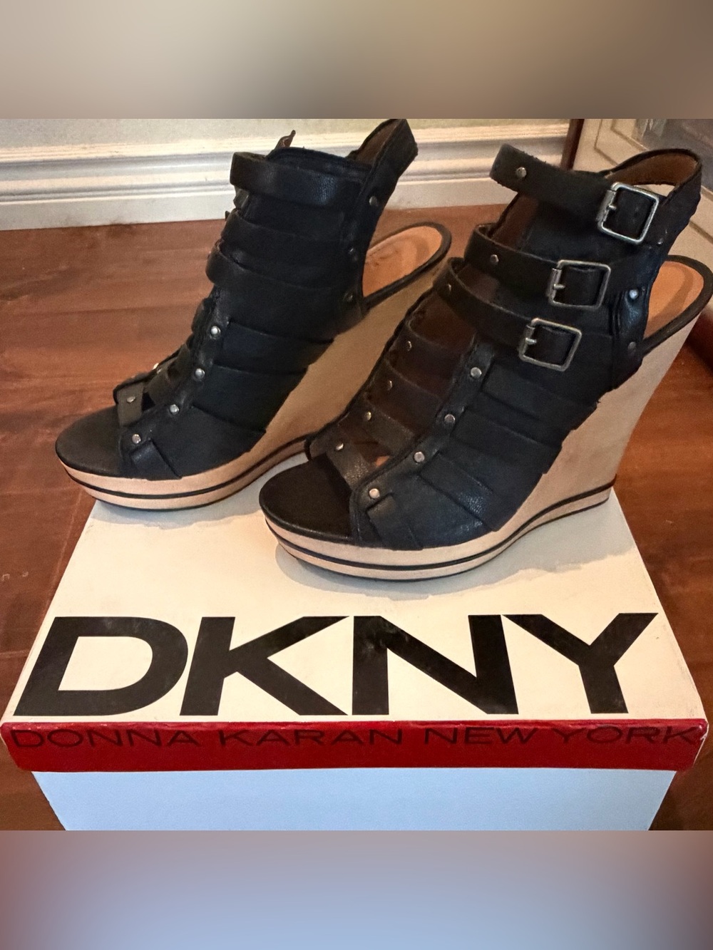 DKNY Black Multi-Strap Wedge Sandals with Tan Platform